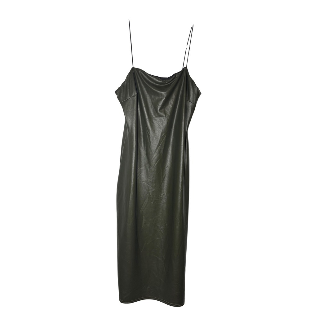 Boohoo Faux Leather Midi Dress Womens Olive Green Good Condition Bodycon Size 10